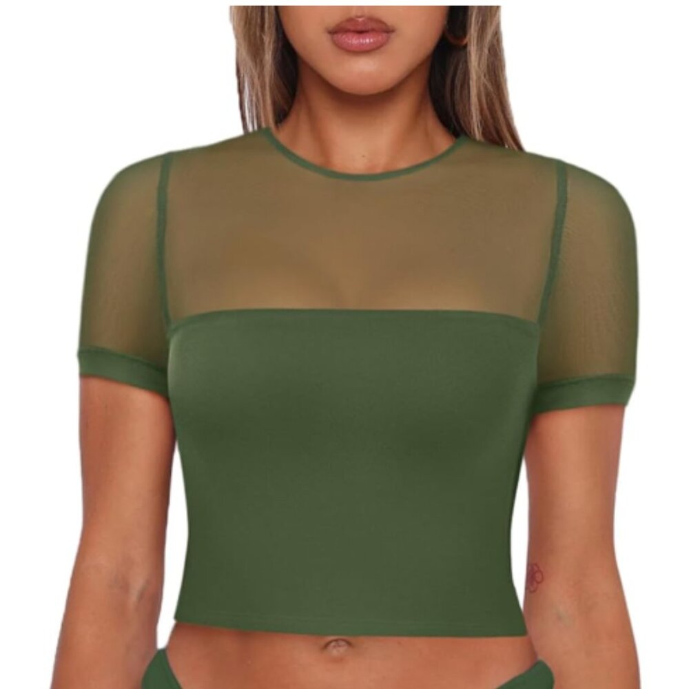 ReoRia Olive Green Sexy Crew Neck Short Sleeve Sheer Mesh Crop Top Size Medium